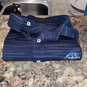 Dunning Golf Polo, size medium, color navy blue with white stripes.